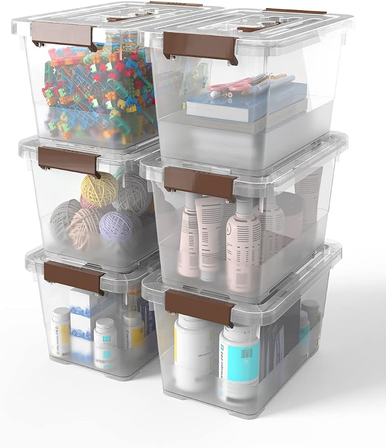 WYT 18-Pack Clear 7 Quart Storage Latch Box/Bins, Plastic Stackable Latching Box with Brown Handle and Lid, Multi-Purpose, 7 Litre