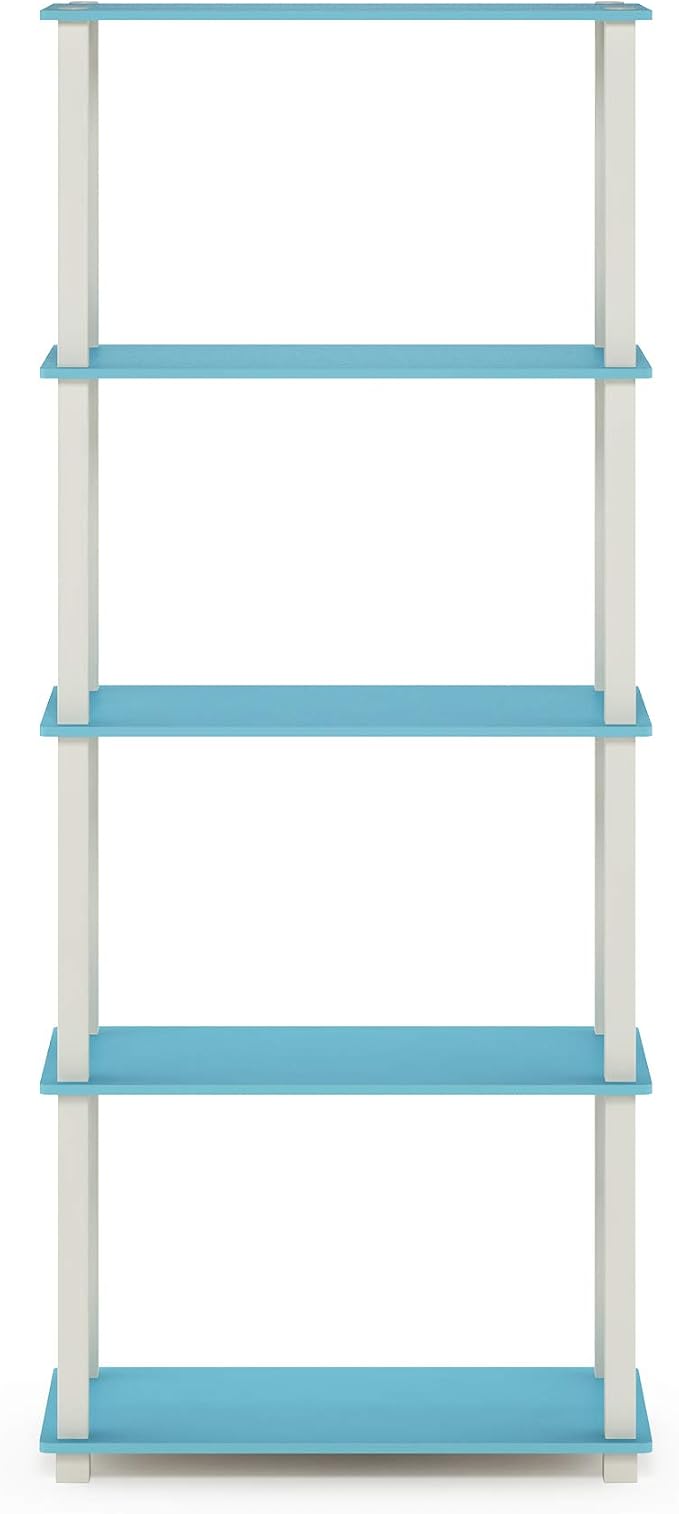 Furinno TURN-S-TUBE Book Shelf, 5-Tier Toolless Storage Shelves with Square Tubes, Shelving Unit for Organization and Storage for Living Room, Home Office, Light Blue