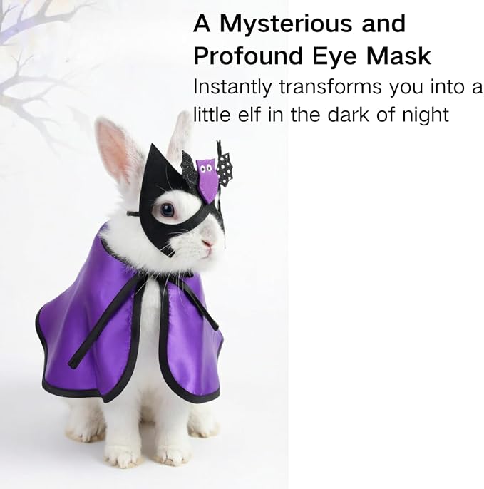 2PCS Halloween Costume Set for Pet Rabbits, Satin Wizard Cape, Adjustable Bat Mask, Holiday Costumes for Small Pets, Photo Prop Set (Small)