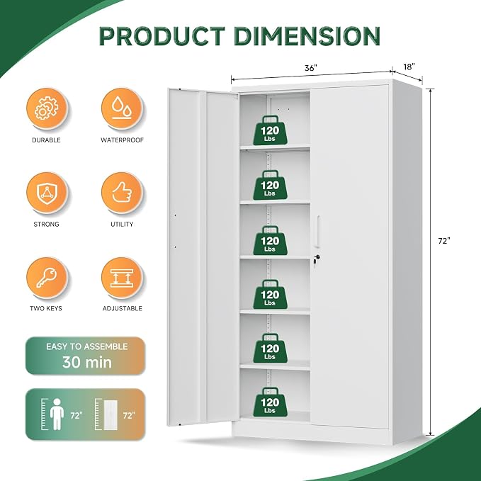 Metal Storage Cabinet with Lock Door Adjustable Shelf,72" Steel Lockers for Office, Home,School,Kitchen,Garage Tool Utility Cabinet (2 Door-White)