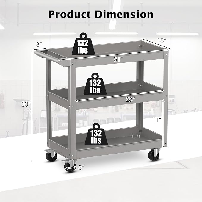 Goplus 3-Layer Service Utility Cart, Heavy Duty Unity Cart with Flat Handle, 2 Lockable Universal Wheel, 400 lbs Capacity, Rolling Tool Cart for Garage, Kitchen, Hotel, Office, Workshop Grey