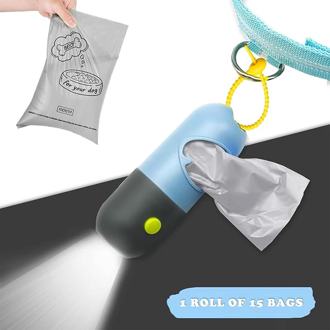 YUCHIYA Dog Poop Bag Holder Dispenser with LED Flashlight(Blue) | 100ft Ultra-Bright LED|Glow-in-the-Dark Avacado Clip|Metal Carabiner&Silicone Tether|15 Leak-Proof Scented Waste Bags