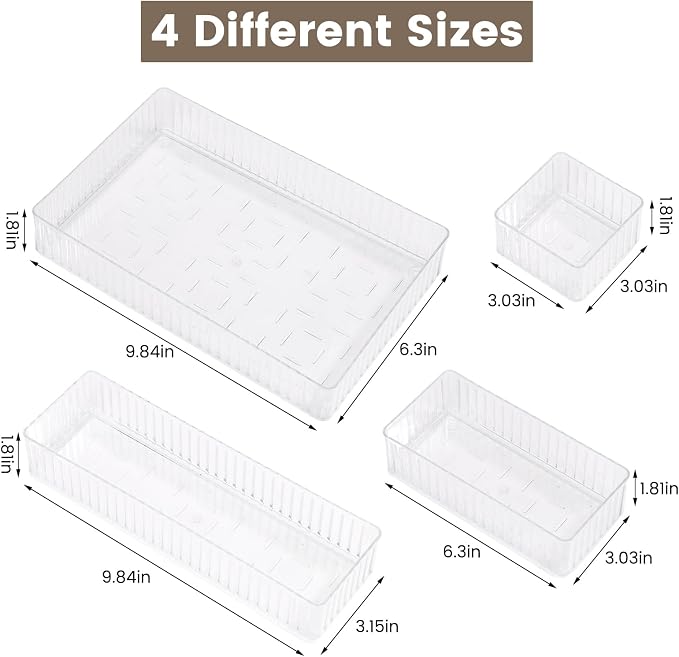4 PCS Drawer Organizer Set, 4 Different Size Stackable Trays | Transparent Kitchen Desktop Organizer Bins for Makeup, Office Supplies, Utensils Storage