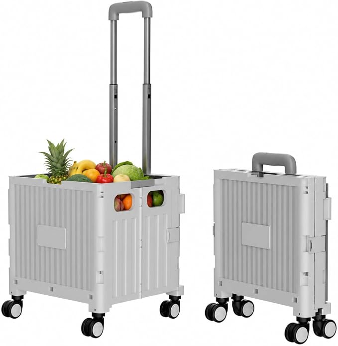 Foldable Shopping Cart with Wheels: Gray Rolling Utility Crate | Adjustable Handle, All-Terrain Wheels, Multipurpose Grocery Trolley for Teacher, Market, Office, Luggage, Laundry, Garden