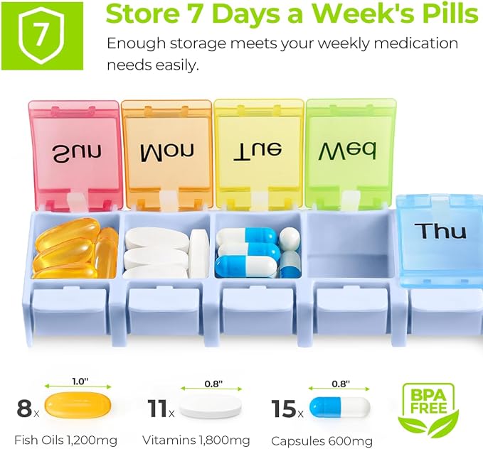 AUVON Weekly Pill Organizer Arthritis Friendly, BPA Free Travel 7 Day Pill Box Case with Spring Open Design and Large Compartment to Hold Vitamins, Cod Liver Oil, Supplements and Medication