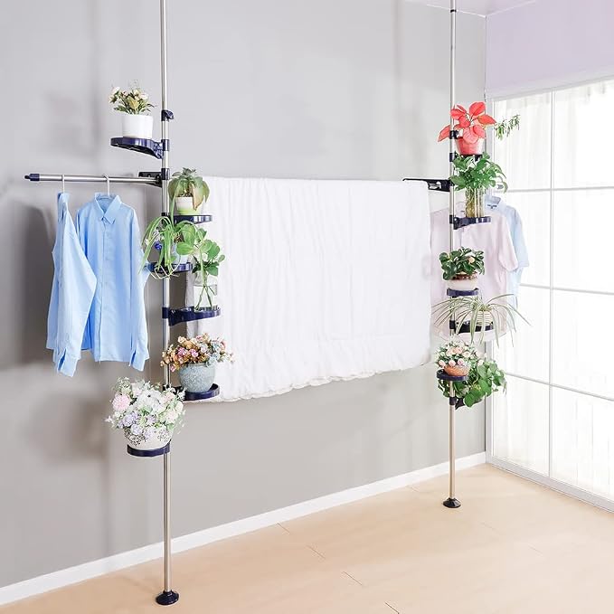 Plant Stand Floor to Ceiling-12 Trays Flower Pot Holder Tension Rod | Indoor Telescopic Navy Blue Display Rack with 2 Hooks & Drying Rod | Adjustable Storage Organizer for Home Garden Decor