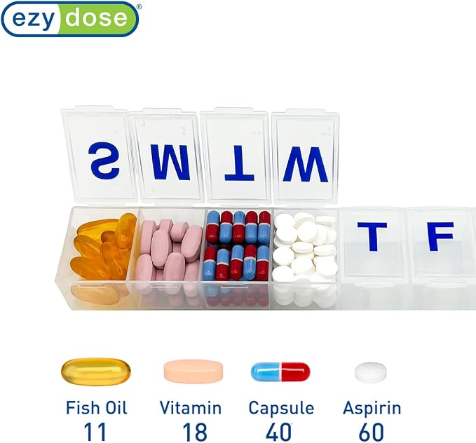 EZY DOSE Weekly (7-Day) Pill Organizer, Vitamin Case and Medicine Box, Clear Lids, 2X-Large