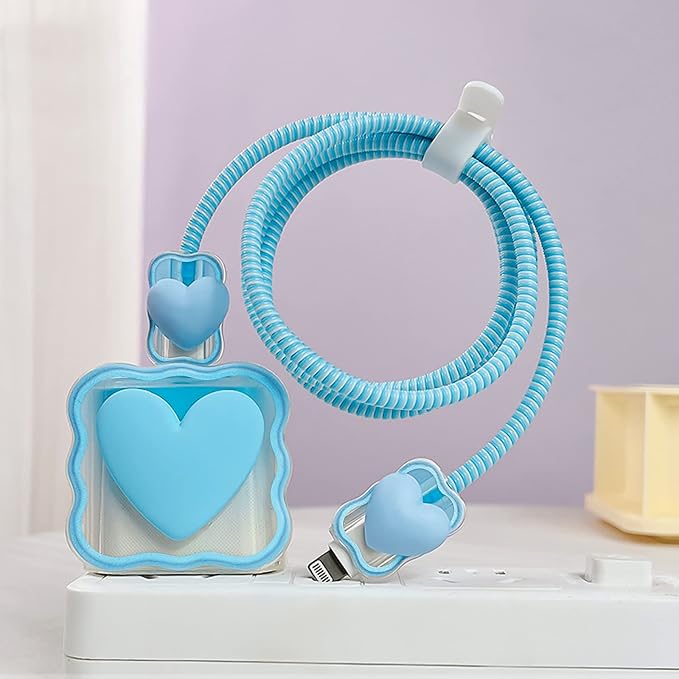 CameCosy Cute Waves DIY Cable Protector for iPhone Charger,Kawaii 3D Love Heart Design,Data Cable USB Charger Data Line Phone Wire Saver Protector for iPhone 11 12 13 14 Pro Max XS XR X 7 8 Plus-Blue