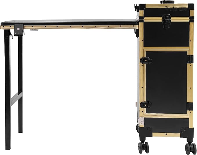 Rolling Manicure Desk Makeup Train Case, Foldable Nail Tables, Travel Cosmetic Trolley with Remote Control and Adapter for Hair Stylists, Pet Groomers, Makeup Artists (Black, Gold)