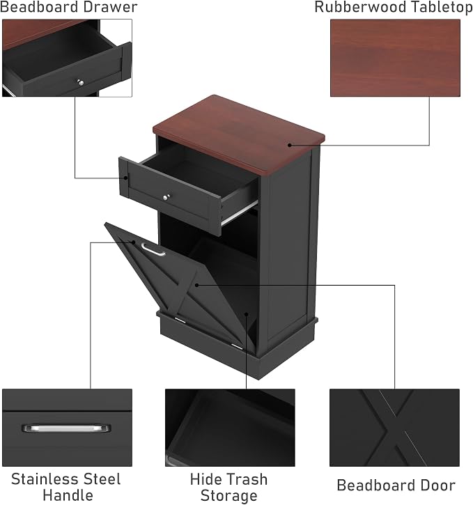 TOLEAD 10 Gallon Tilt Out Trash Can Cabinet Wooden Hidden Trash Cabinet with Solid Wood Top & Drawer, Farmhouse Kitchen Garbage Bin Enclosure Pet Proof Laundry Hamper for Kitchen, Bathroom Black