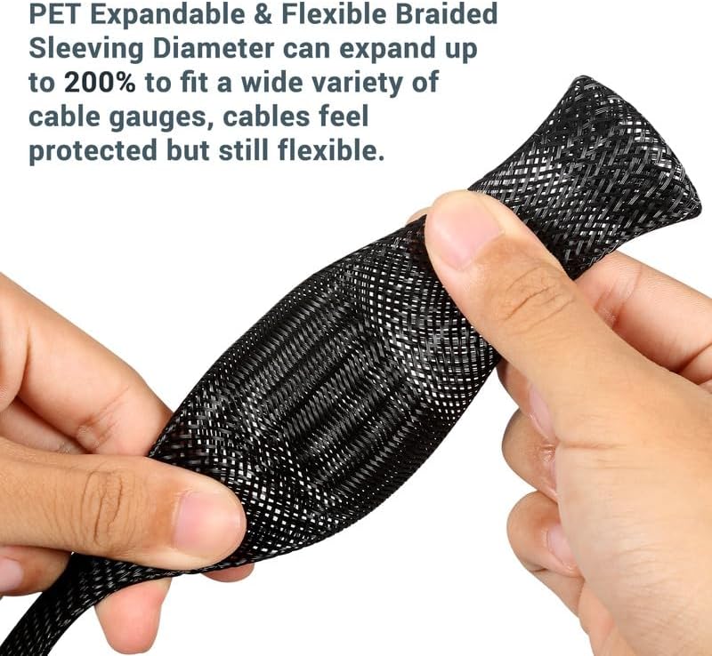 25Ft-1/4inch PET Expandable Braided Wire Sleeving,Wire Loom Cable Sleeve for TV,Computer,Home Theater,Automotive,Home Industrial,Electrical Wires,Chemical,Protect Cat from Chewing Cords,Black