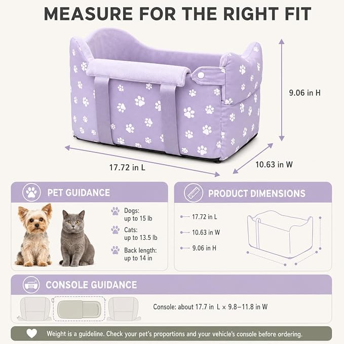 Center Console Dog Car Seat Safe Travel for Small Dogs Under 15 lbs Detachable Washable Pet Carrier with Storage Pockets & Safety Leash (Purple)