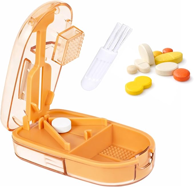 Pill Cutter and Crusher, Tablet Splitter with Pill Storage,Orange