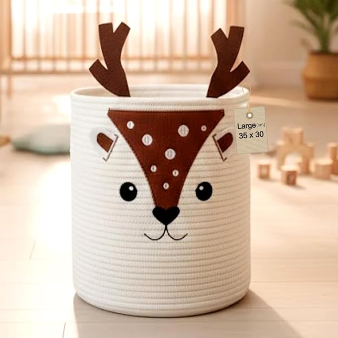 Storage Basket, Large 14” x 12” Woven Cotton Rope Bin with Deer Design, Cutout Handles, Decorative Storage Organizer for Home Use, Laundry, Clothes & Household Items, Foldable & Washable (Deer)