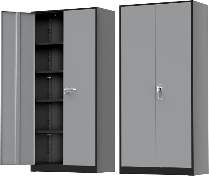 Greenvelly Metal Storage Cabinet with Doors and Shelves, 72" Inch Locking Metal Cabinet,Garage Storage Cabinet for Garage Office School Warehouse (Black Gray)
