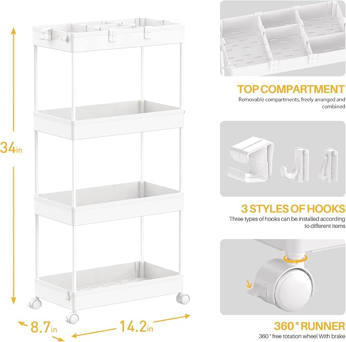 4 Tier Rolling Cart with Wheels, Storage Craft Art Trolley Organizer Serving, 3 Hanging Baskets Easy Assembly, for Office, Living Room, Kitchen