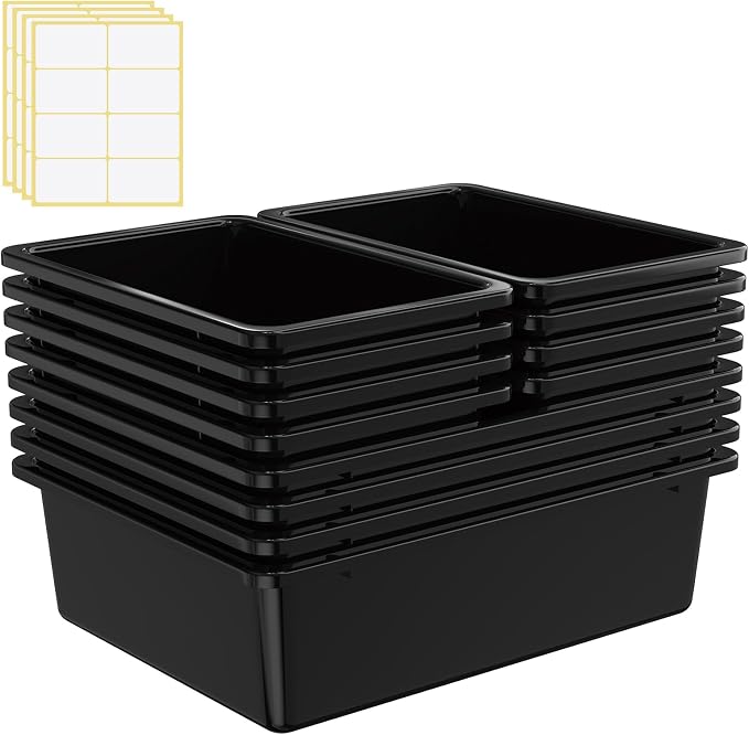 Zonon 12 Pcs Plastic Cubby Bins Office Storage Container Storage Bins Plastic Organization with 1 Pack Self Adhesive Label for Library Office Home Nursery (Black)