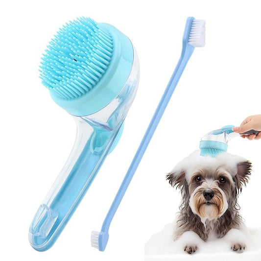 Pet Bath Brush, 2 in 1 Dog Bath Brush with Built-in Shampoo Dispenser, Pet Wash Brush with Double Head Toothbrush, Grooming Massage Brush for Dogs & Cats