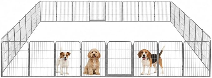 Dog Play Pen for Outdoor Use - 24'', 32 Panels for Small and Puppy Size Dogs - Portable Playpen Pet Fence for RV, Camping, and Yard - Heavy Duty Kennel w/Grey Rust Resistant Coating