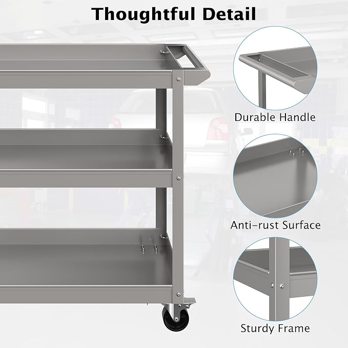 Goplus 3-Layer Service Utility Cart, Heavy Duty Unity Cart with Flat Handle, 2 Lockable Universal Wheel, 400 lbs Capacity, Rolling Tool Cart for Garage, Kitchen, Hotel, Office, Workshop Grey