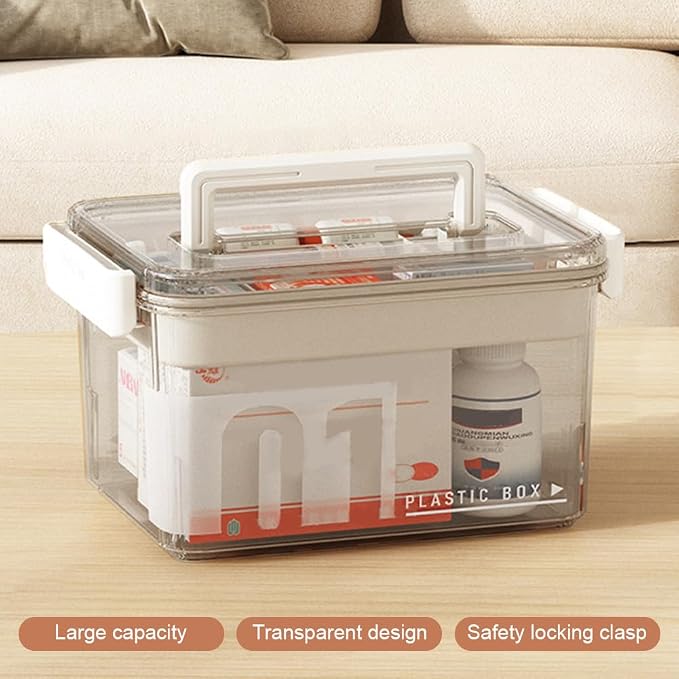 Clear Medicine Organizer Storage Box with Removable Tray, Plastic Medicine Storage Organizer & First Aid Box, Multipurpose Medical Supply Container with Handles for Home, Office