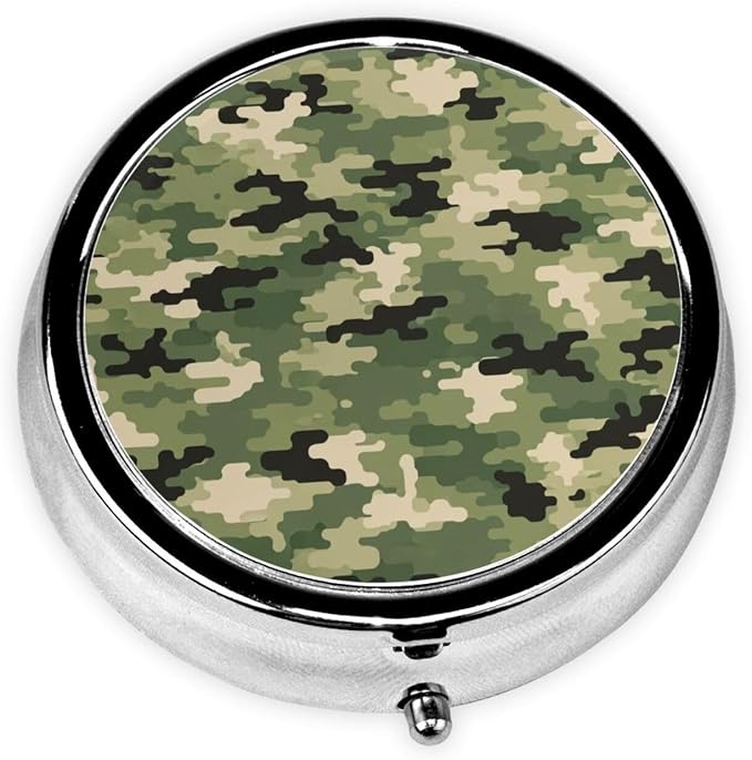 Round Pill Box, Army Camo Camouflage Portable Travel Organizer, Metal Case with Mirror, Pocket Purse Container for Supplements