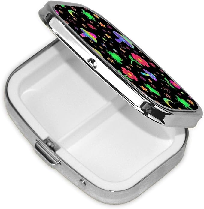 Personalized Pill Box Stainless Steel Custom Medicine Case Compact Supplement Organizer, Beautiful Magical Flowers Goth Moon Mushrooms Frogs