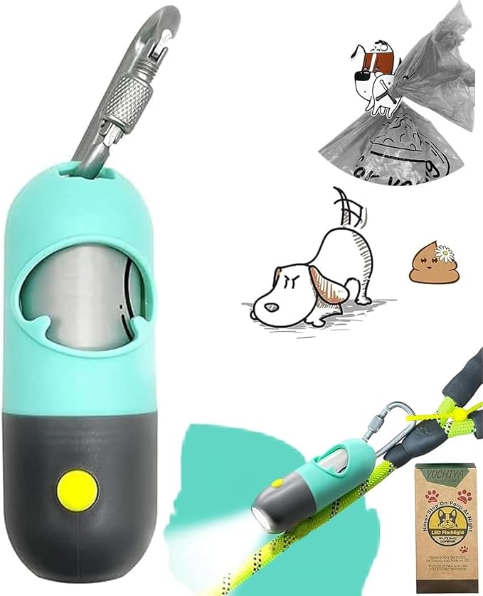 YUCHIYA Dog Poop Bag Holder Dispenser with LED Flashlight(Mint Green) | 100ft Ultra-Bright LED|Glow-in-the-Dark Avacado Clip|Metal Carabiner&Silicone Tether|15 Leak-Proof Scented Waste Bags