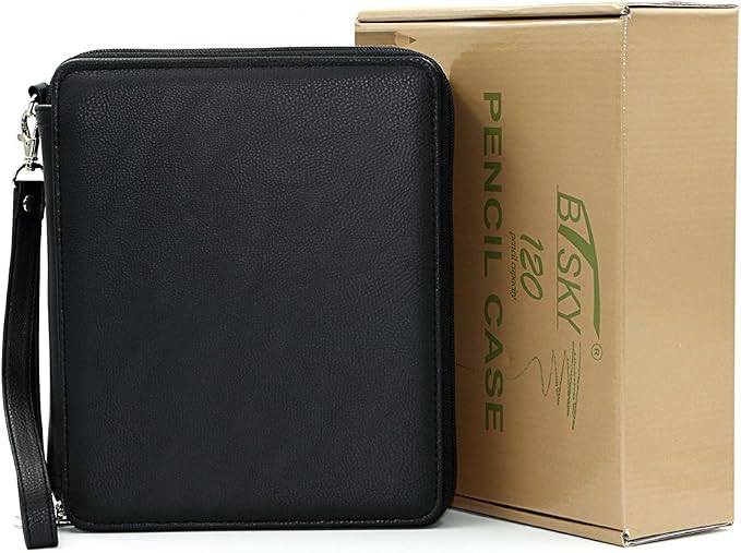 BTSKY Deluxe PU Leather Pencil Case For Colored Pencils - 120 Slot Pencil Holder with Handle Strap Handy Colored Pencil Box Large(Black) | Pencil Holder with Handle Strap Handy Colored Pencil Box Large for Artists, Adults Coloring, Sketching, Drawing