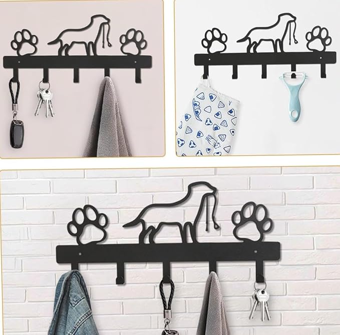 Matte Black Metal Dog Leash & Key Wall Rack – 5-Hook Entryway Pet Accessory Organizer Hanger with Silhouette Canine and Paw Prints Design