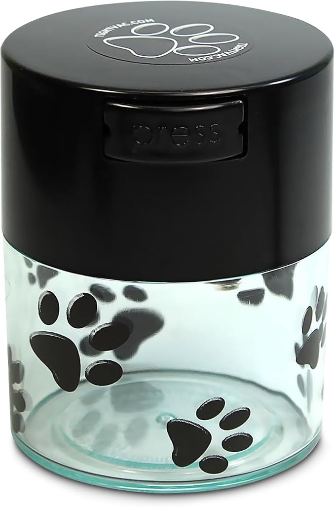 Pawvac 3 Ounce Vacuum Sealed Pet Food Storage Container; Black Cap & Clear Body/Black Paws