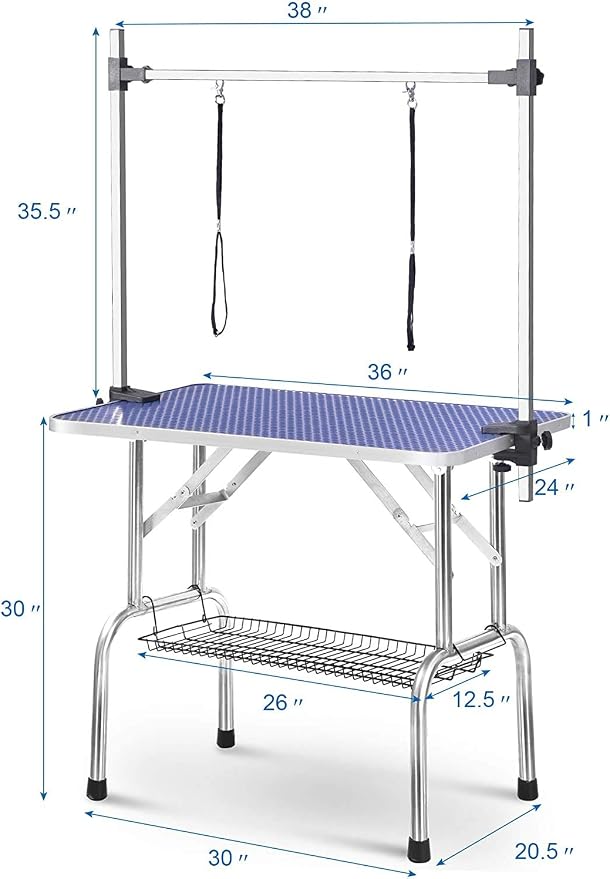 36" Pet Dog Grooming Table, Foldable Stainless Steel Frame Pet Drying Grooming Table Up to 330lbs, Professional Bathing Desk for Dogs at Home with Adjustable Overhead Arms, Noose, Mesh Tray, Blue
