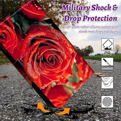 Rotating Handle Case for Samsung Galaxy Tab S8 Plus 2022/S7 FE 2021/S7 Plus 2020 12.4 Inch, 360 Degree Swivel Kickstand with Magnetic Closure Leather Protective Cover, Red Rose