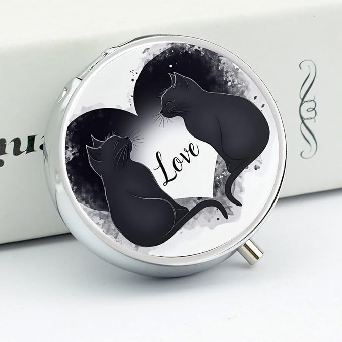 Loving Cats Metal Round Pill Box, 3 Compartment Travel Organizer, Portable Pill Container with Secure Latch, 2 Inch Circular Vitamin Caddy for Pills and Vitamins, Gift for Him Her Elderly