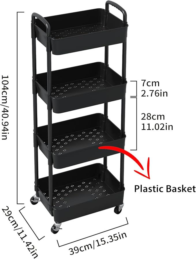 Sywhitta 4-Tier Plastic Rolling Utility Cart with Wheels for Storage, Black | Multi-Functional Storage Trolley, for Office, Living Room, Kitchen, Bathroom,Movable Organizer,Space-Saving,Easy to assemble