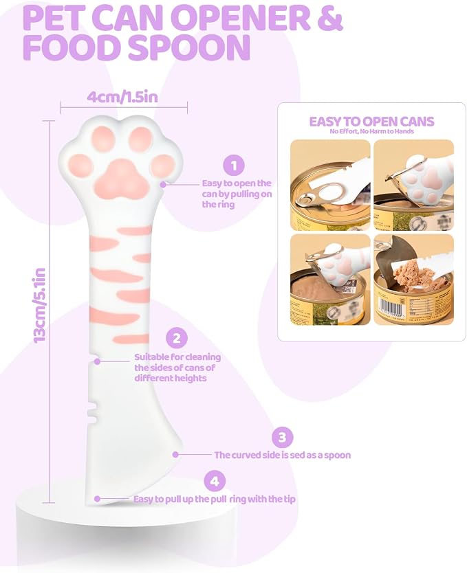 5 PCS Cat Food Can Covers Lids Set, Silicone Pet Food Can Lids with Multi-Function Cat Food Spoon and Opener, Cat Bar Squeezer, Stainless Steel Wet Food Spoon for Cats and Dogs (Purple)