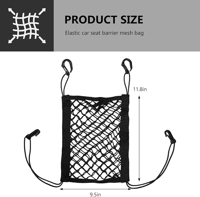 2-Layer Car Mesh Organizer, Seat Back Net Bag Stretchable Barrier of Backseat Pet Kids, Four-Side Elastic Storage Netting Pouch Cargo Tissue Purse Holder Between Front Seats