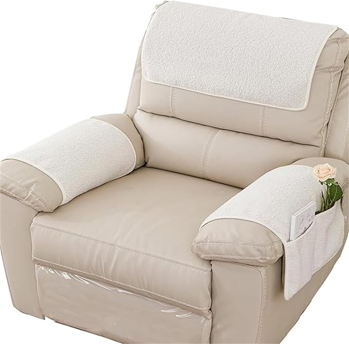 Sherpa Fleece Armrest and Headrest Covers with 2 Pockets | Soft fleece with nonslip silicone backing helps protect leather and fabric furniture from pet scratches machine washable
