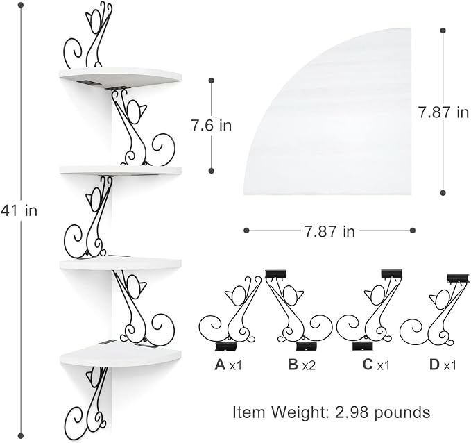 Alsonerbay 4-Tier Cat Shaped Corner Floating Shelf Wall Mount, White | Curved solid wood, 35.2 lbs total capacity, reinforced metal bracket, rustic decor, for bedroom, living room & kitchen