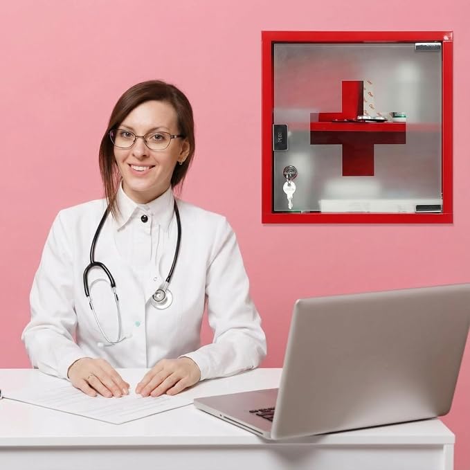 Timgle First Aid Wall Cabinet with Lock Medicine Wall Mounted Bathroom Storage Hanging Medical Cabinet with Safety Glass Door for Bathroom(2 Shelves,Red)