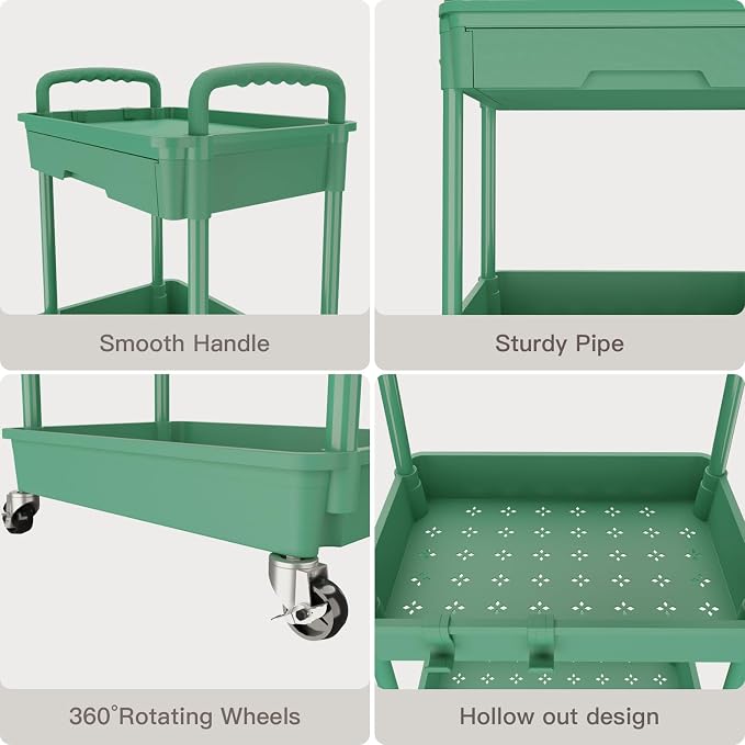 REBECAT 3 Tier Rolling Utility Cart with Drawer,Rolling Storage Cart,Storage Cart for Kitchen,Bathroom,Living Room, Organizer with Iron Wheels(Green)