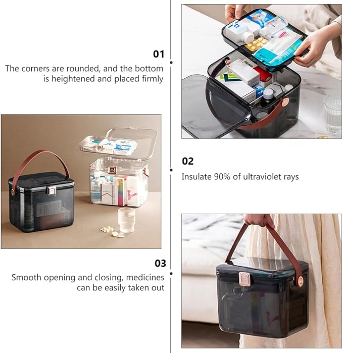 Large Capacity Dual Layer Medicine Case for Home Storage Organization | Pp Pet Pu Build, Safety Lock, Easy Replenishment, Desktop Use