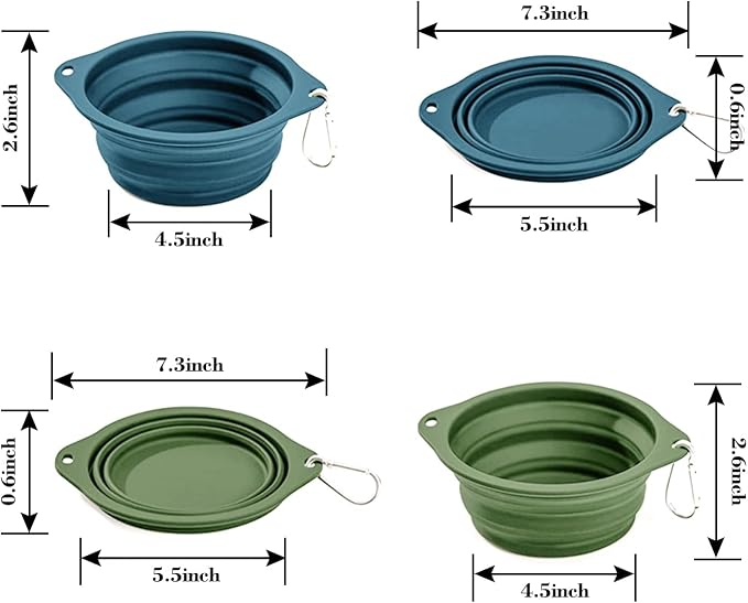 2 Pack Silicone No Spill Collapsible Travel Dog Feeding Bowls | Food-Grade Silicone, BPA Free, Travel Pet Bowls, with Carabiner Clip for Hiking, Durable & Quality, Dishwasher Safe