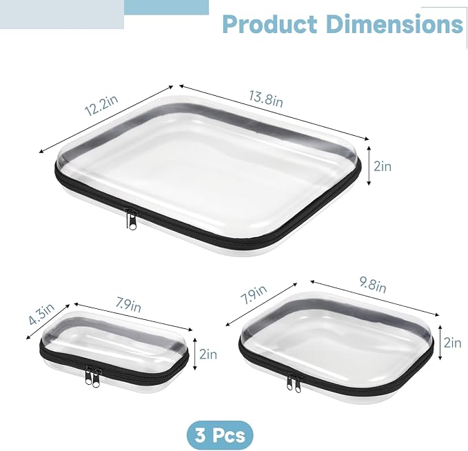 Clear Hard Shell Zipper Case 3 Pcs - Transparent Hard Pouches 3 Sizes, Double Zippered Bags, Portable Zipper Organizer Bins, Waterproof Cosmetic Makeup Bags for Snacks, Toys, Black