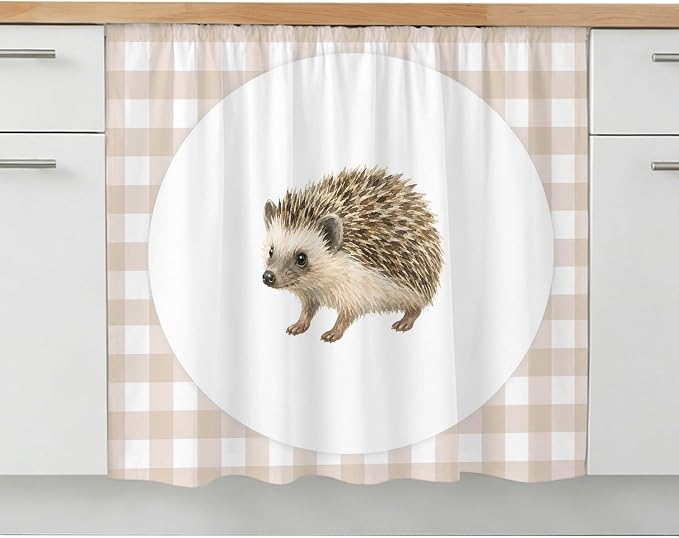 Hedgehog Oven Skirt Curtain for Kitchen Decor 28"x35", Modern Farmhouse Linen Checked Animal Self Adhesive Stove Curtains Skirt Cabinet Curtains for Bathroom Laundry Room