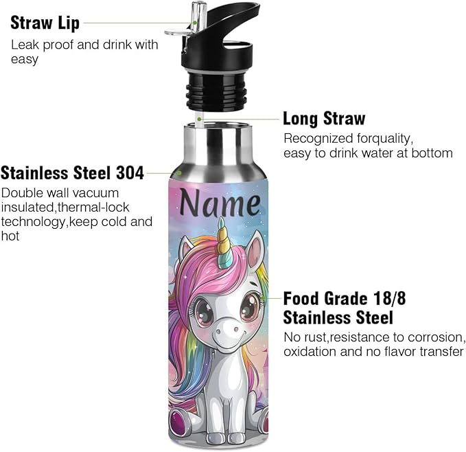 Custom Name Cute Unicorn Rainbow Castle Water Bottle with Straw Lid Kids Insulated Stainless Steel Water Flask Sports, 20 Oz Hot Cold
