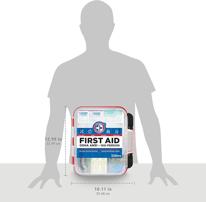 Be Smart Get Prepared First Aid Kit Hard Red Case 326 Pieces Exceeds OSHA and ANSI Guidelines 100 People - Office, Home, Car, School, Emergency, Survival, Camping, Hunting and Sports (20HBC01015REV3)