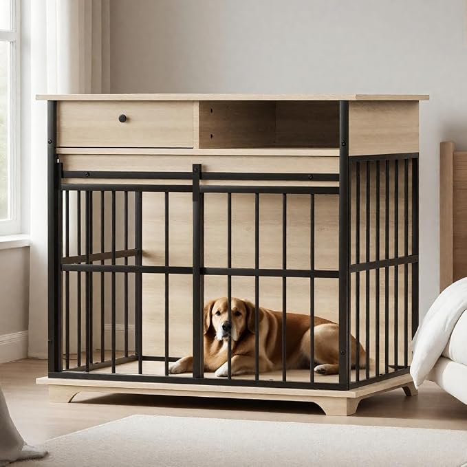 Dog Crate Furniture with Storage Drawer and Side Compartment for Indoor Living Rooms, Home Offices, and Outdoor Patios