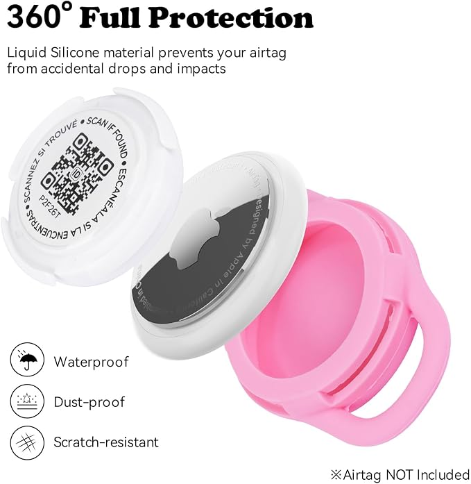 QR Code Pet Air Tag Tracker Holder - Waterproof Silicone Case for Dog & Cat Collars, Reusable ID Tag with Secure QR Tracking, No GPS Needed (Pink; M)
