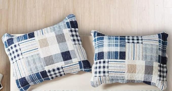 Brilliant Sunshine Multi Blue Plaids & Stripes Pillowshams Set, 20"x26"+2" | Patchwork Design, Quilted Standard Pillowcases, Washable Scallop Edge Pillow Covers, Pack of 2